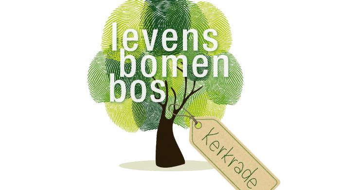 Logo Levensbomenbos - een groen boompje gemaakt van vingerafdrukken met daaraan een label met de tekst levensbomenbos